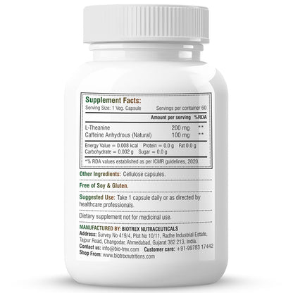 Biotrex Nutraceuticals L-Theanine 200mg Caffeine 100mg Supplement helps to improve Excercise Performance & supports Energy Management - 60 Veg Capsules