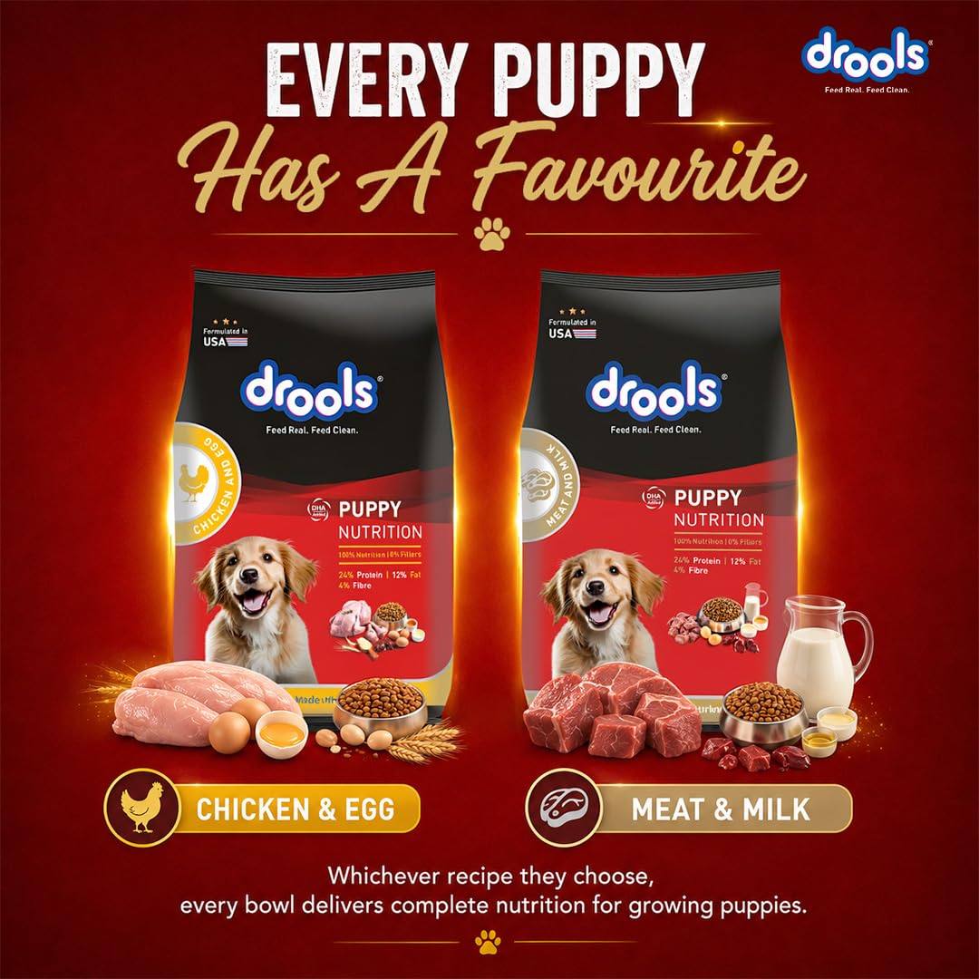 Drools Puppy Dry Dog Food 1kg | Meat and Milk Flavour | Supports Healthy Brain Development and Cognitive Function | Antioxidants | Chelated Minerals | Better Bioavailability of Minerals