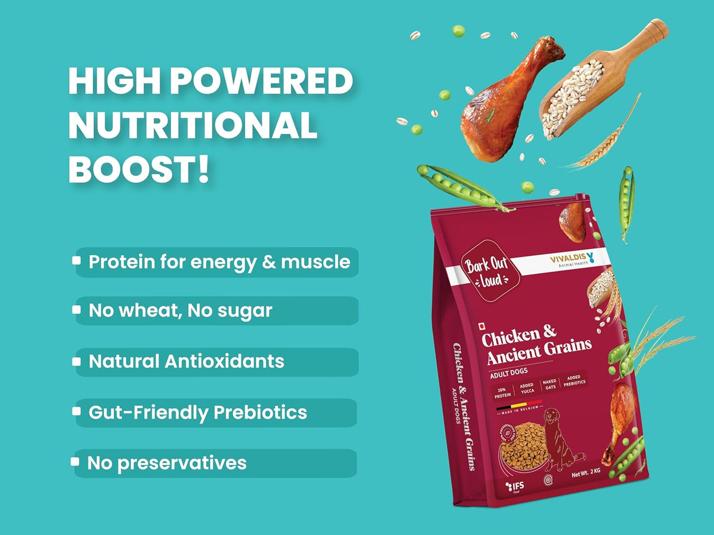 Bark Out Loud Adult Dry Dog Food, Chicken & Ancient Grains | Low Grain Dry Dog Food for Medium & Large Breeds | High Protein Kibbles with Prebiotics, Super Herbs, Antioxidants & Fibre 2 kg | Low Grain, Antioxidants Fibre, Prebiotics & Super Herbs