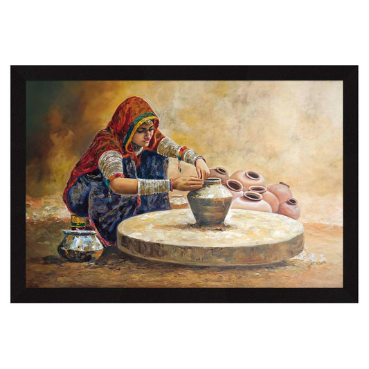 Rajasthani Village Women Framed Wall Art Painting, wall decor for living room, Multicolor, Nature, 12 X 18 inches, Set of 1
