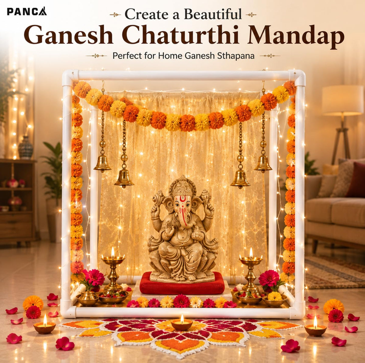 PANCA 40cm Ganpati Mandap for Ganesh Chaturthi Idol Home Decor | Ganesh Murti Sthapana Stand | DIY Pooja Pandal Backdrop Frame Setup | Home Temple Decoration Platform
