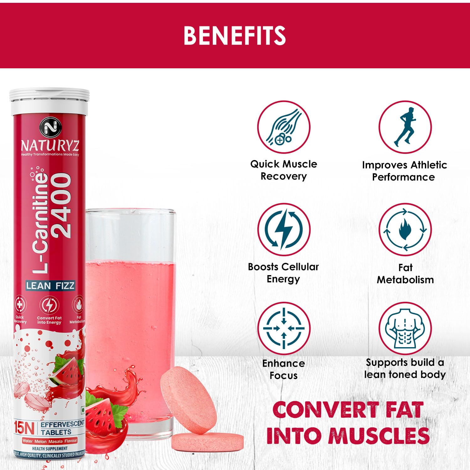 Naturyz L-Carnitine supplement with benefits listed on a white background