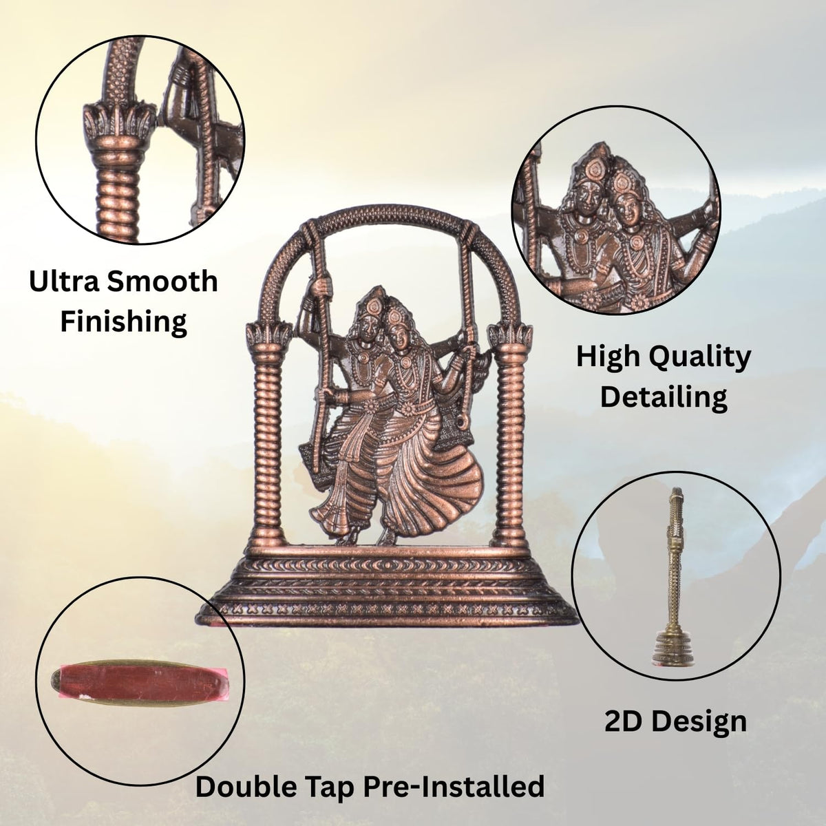 Radha Krishna Jhula Idol for Car Dashboard – Copper Finish Divine Couple Figurine Spiritual Decor for Home & Travel (S907-CPR)