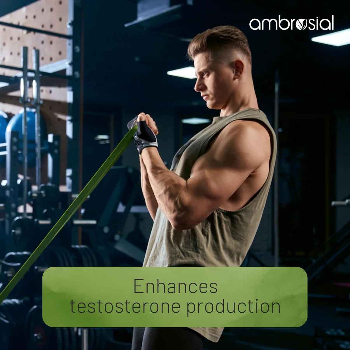 Man lifting weights in a gym with 'ambrosial' branding and text about testosterone production.