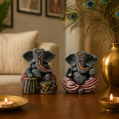 Beautiful Resin Ganesha Pair for Home Decor | Brings Prosperity - (Grey & Red, Pack of 2)