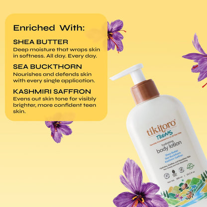 Tikitoro Teens Hydrating Body Lotion 100% Vegan with Shea Butter, Sea Buckthorn, Kashmiri Saffron Extract, Moisturises, Soothes & Nourishes Skin (Age: 11+ Years) (300 ml x 1)