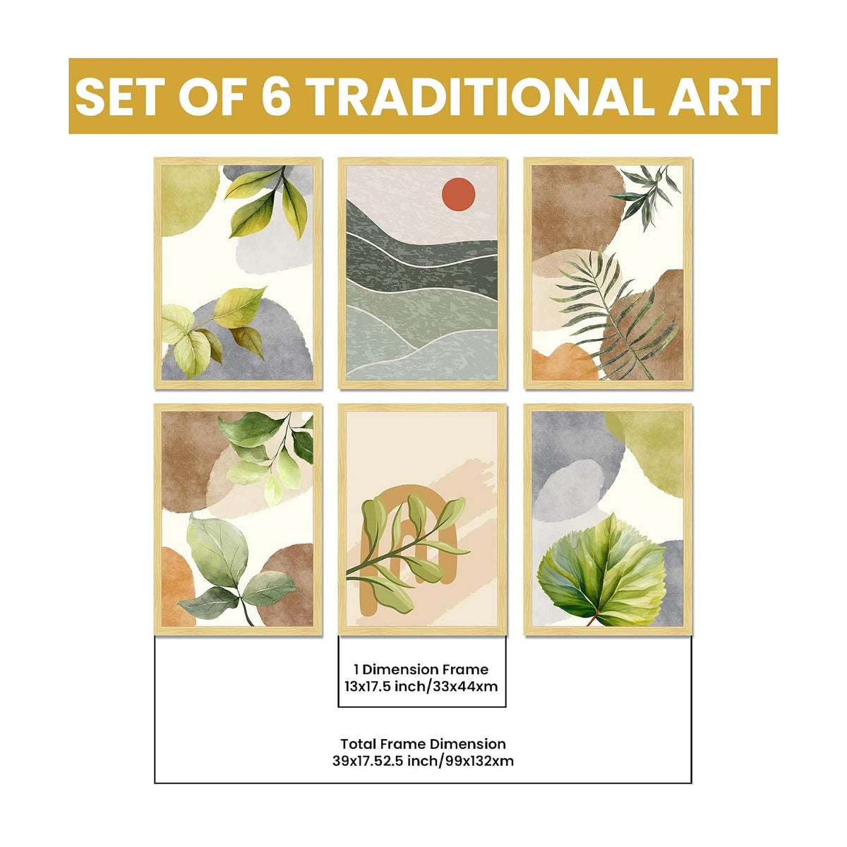Botanical Abstract Framed Painting Wall Art Set of 6 | Green Leaf & Landscape Prints | Soft Neutral Tones | Engineered wood Frame Wall Décor, (Size: A3)