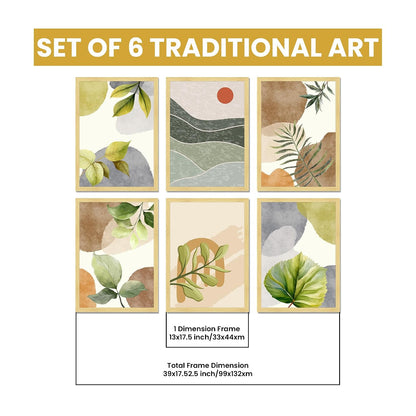 Botanical Abstract Framed Painting Wall Art Set of 6 | Green Leaf & Landscape Prints | Soft Neutral Tones | Engineered wood Frame Wall Décor, (Size: A3)
