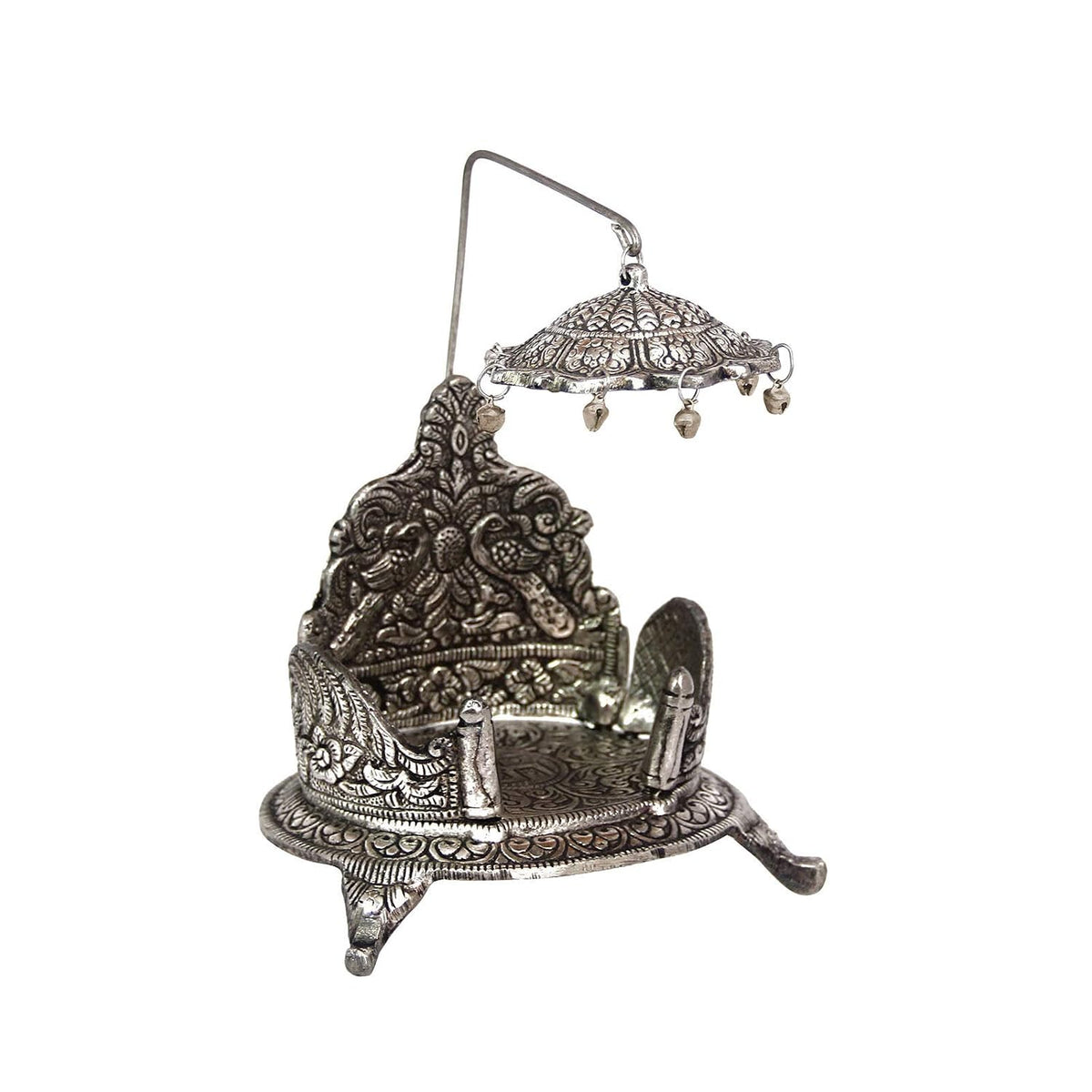 Metal Singhasan with Chhatra Antique Silver Finish Divine Peacock Design Pooja Chowki Seat for Laddu Gopal Temple Decoration - 7 Inch