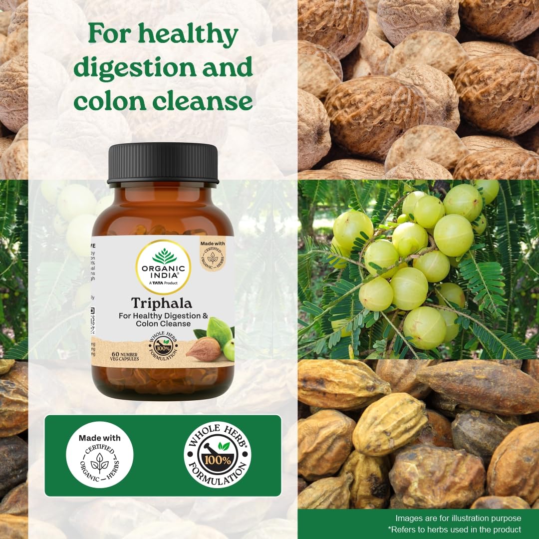 A TATA Product - Organic India Triphala Capsules - 60 Caps, Supports Immune System, Colon & Digestion, Balanced Bowel & Gut Health, Contains Bioactives and Antioxidants, GMP & NPOP Certified Organic