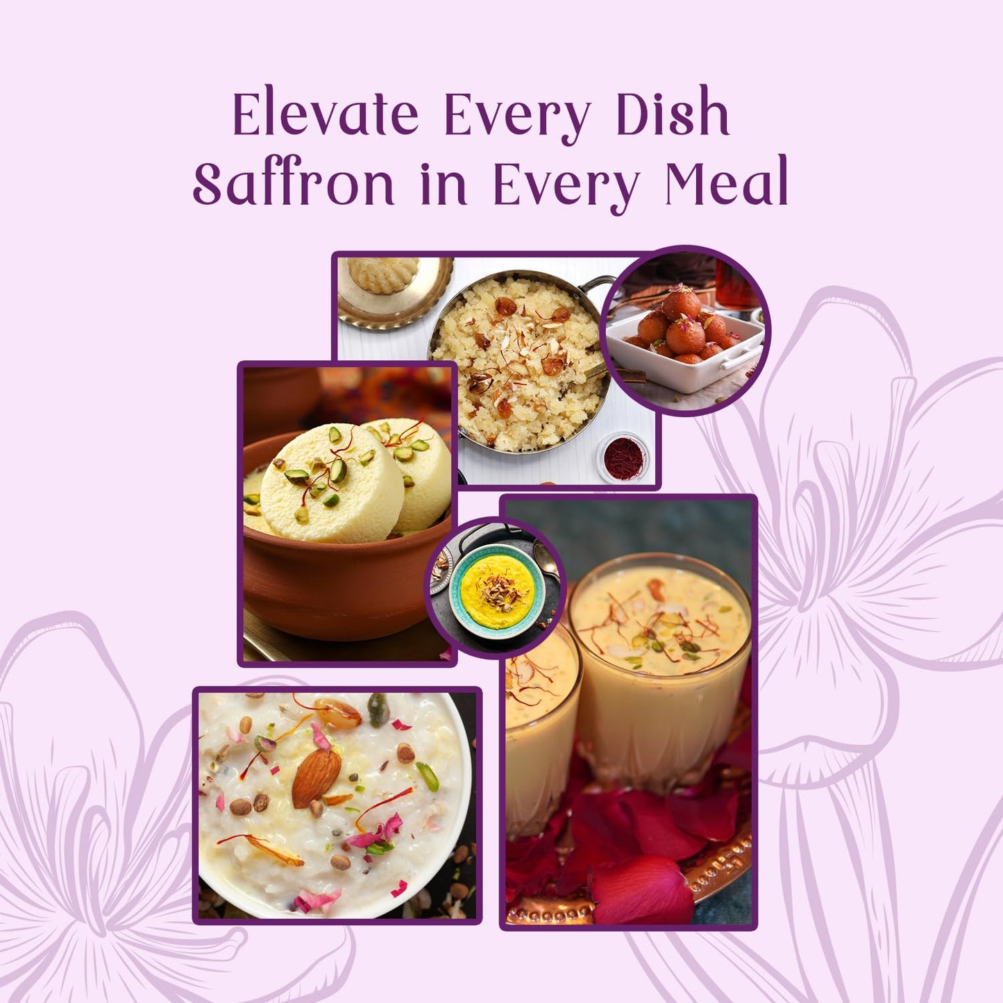 Promotional graphic for saffron in meals with images of dishes on a purple background.