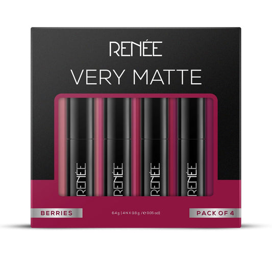 RENEE Very Matte Pack of 4 Matte Lipsticks - Berries, Intense Color Pay Off, Full Coverage, Long Lasting & Weightless, Easy Glide Formula With Velvety Finish, Suitable for All Occasion & Gifting