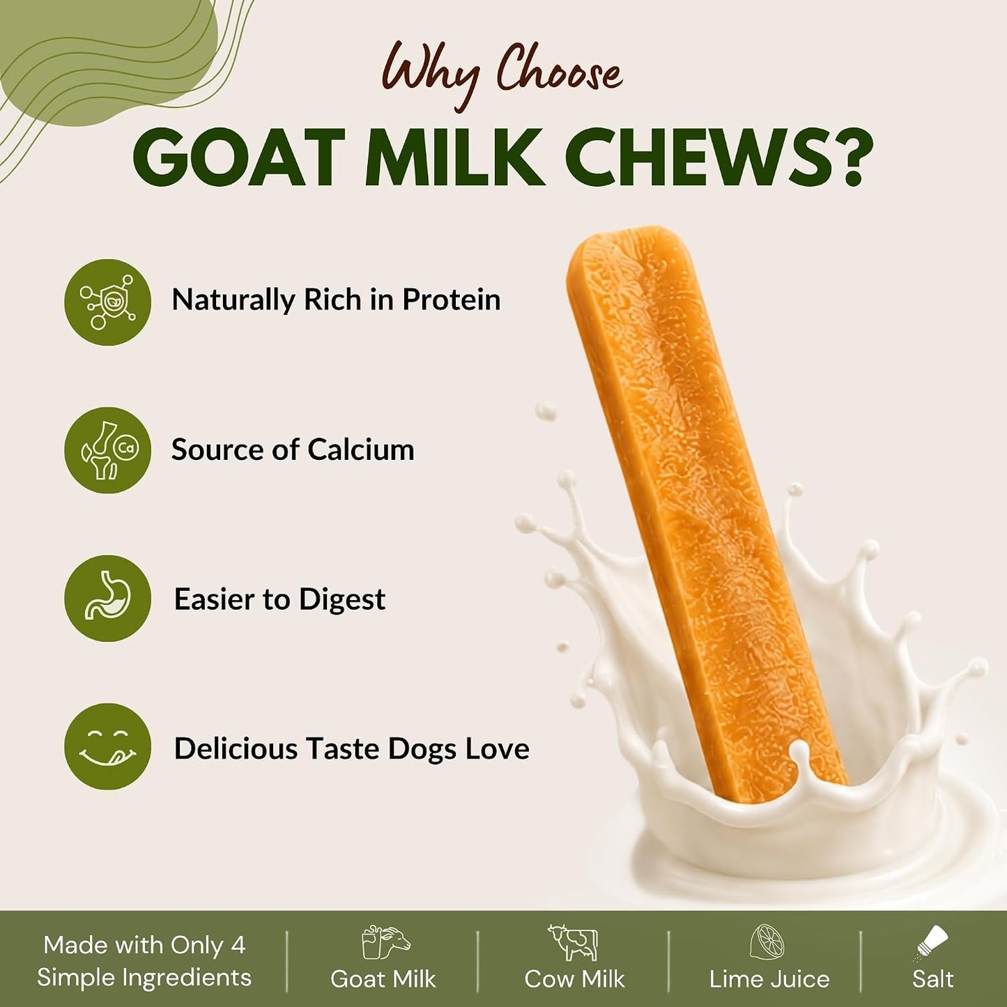 HYE Pets Goat Milk Dog Chews, Rawhide Free Long Lasting Natural Chew Treats, High Protein & Calcium Rich, Easily Digestible Dental Chews, Medium - 2 Chews