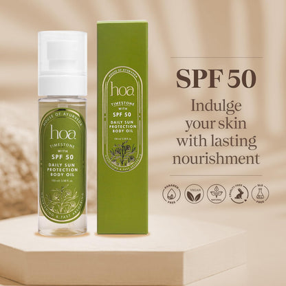 Body Oil with SPF 50 - Sun Protection Body Oil for Daily Use | House of Ayurveda Time Stone Deep Hydration UV Protection Oil | Fast-Absorbing, Non-Sticky | All Skin Types | Paraben-Free, Cruelty-Free | 100ml