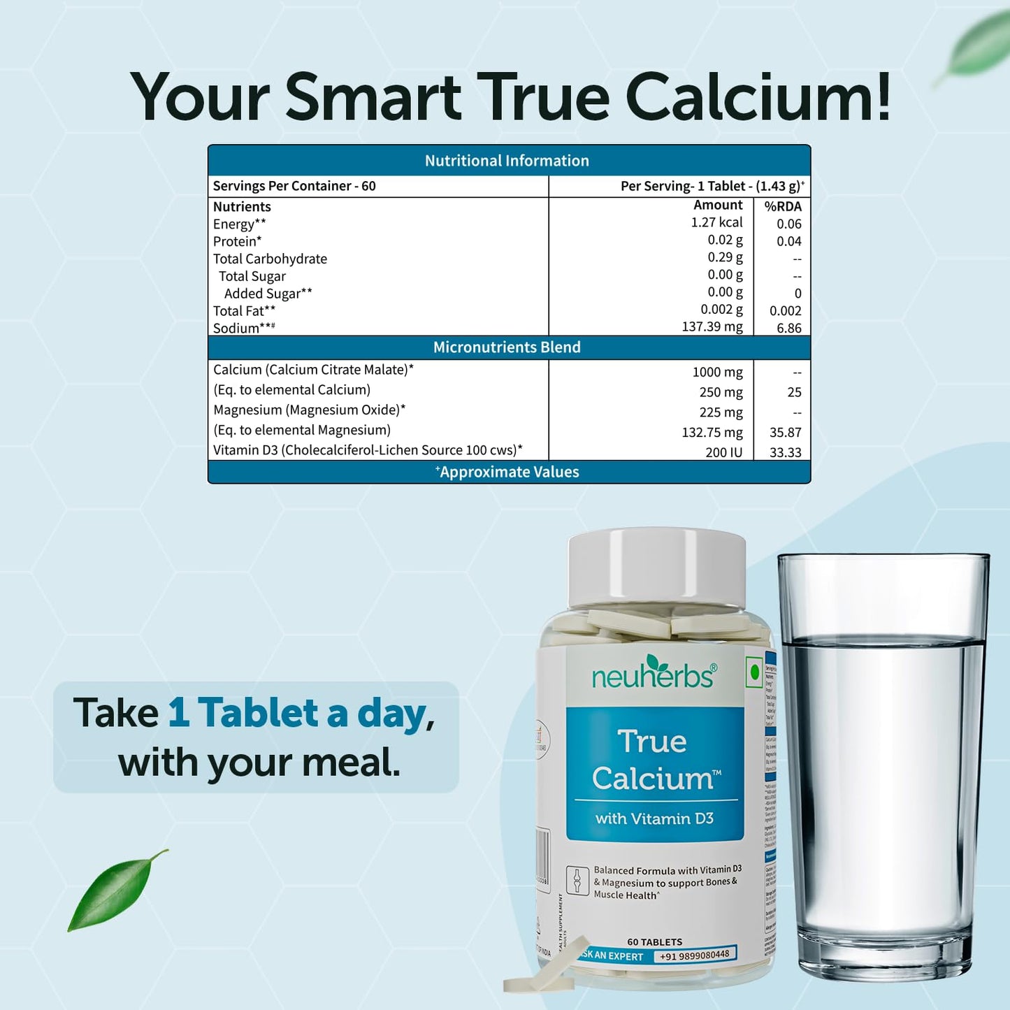 Neuherbs Calcium - 60 Tablets | True Calcium Supplement 1000mg For Men & Women | With Vitamin D3 & Magnesium | Support Bone, Joint & Muscle Health