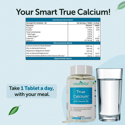 Neuherbs Calcium - 60 Tablets | True Calcium Supplement 1000mg For Men & Women | With Vitamin D3 & Magnesium | Support Bone, Joint & Muscle Health