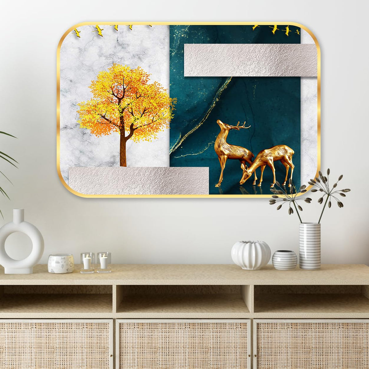Abstract deer modern art Premium Sparkle Lamination Finished Surface Golden Slim Frame 30 cm x 46 cm Large Size, For Home/Office/Hotel painting MG23