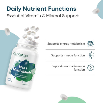 Men's multivitamin bottle with daily nutrient functions on a white background