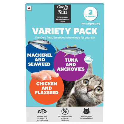 Goofy Tails Wet Cat Food and Kitten Food Variety Pack 210g (70g X 3 Pouches), Tuna and Anchovies, Mackerel and Seaweed, Chicken and Flaxseeds, Preservative Free, Wholesome, Natural Cat Wet Food