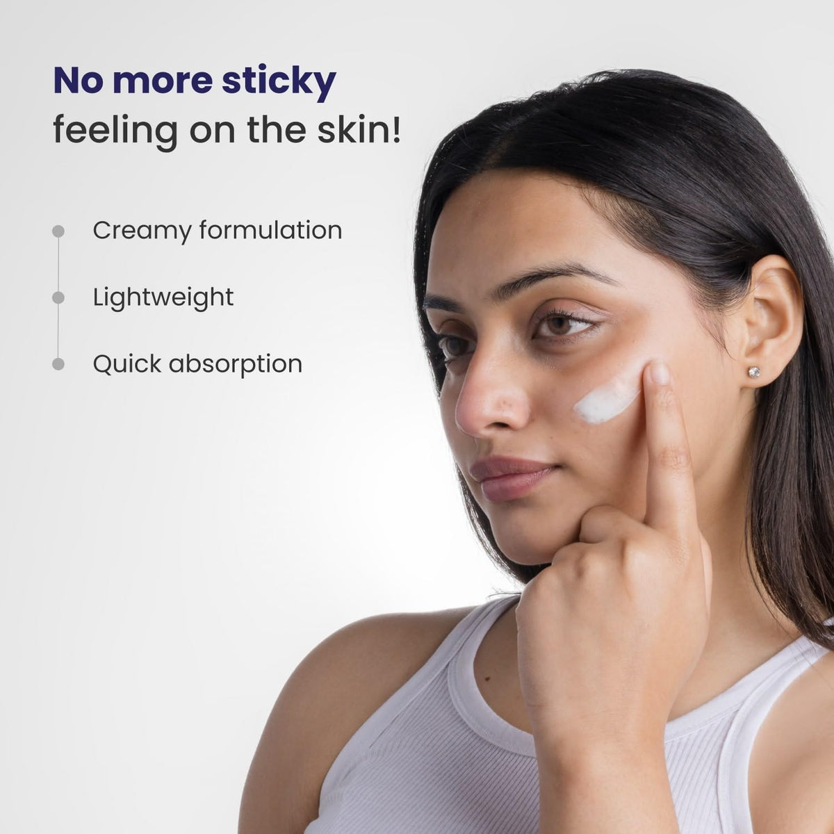 Woman applying cream to her face with text highlighting benefits on a white background