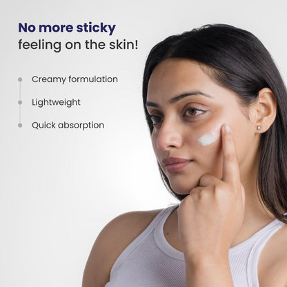 Woman applying cream to her face with text highlighting benefits on a white background