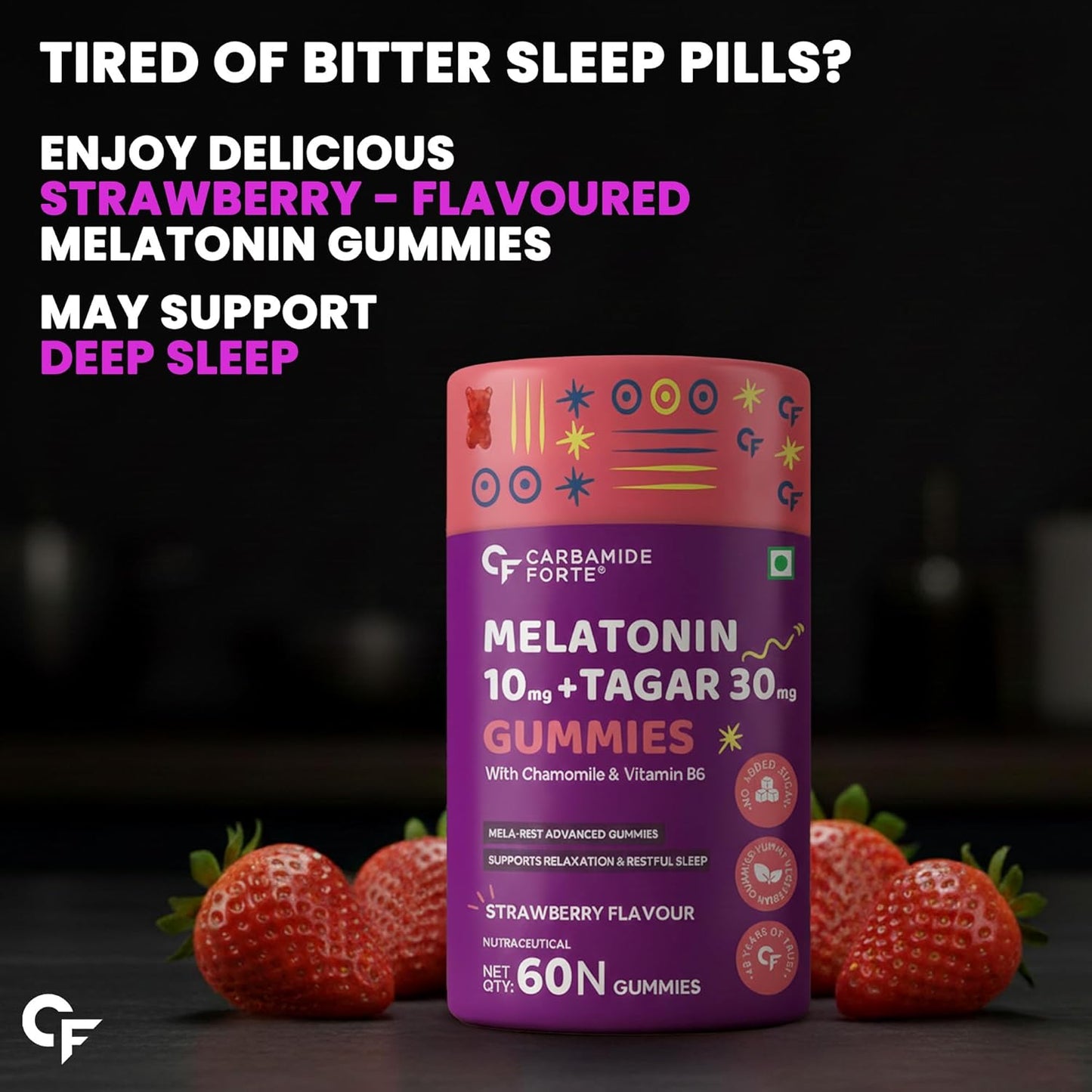 Carbamide Forte Melatonin 10 mg sleep Gummies - with TAGARA, L Tryptophan & Vitamin B6 | Sleep Supplements – 60 Veg Gummies