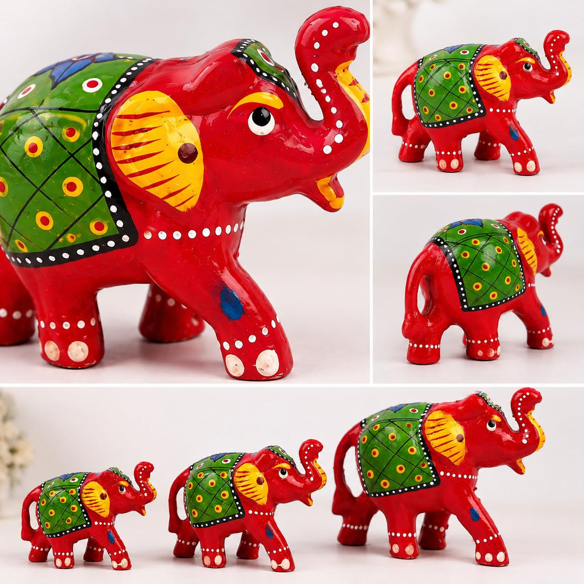 DreamKraft Paper Mache Elephant Showpiece for Enhance Home Decor - Red (Set of 3)