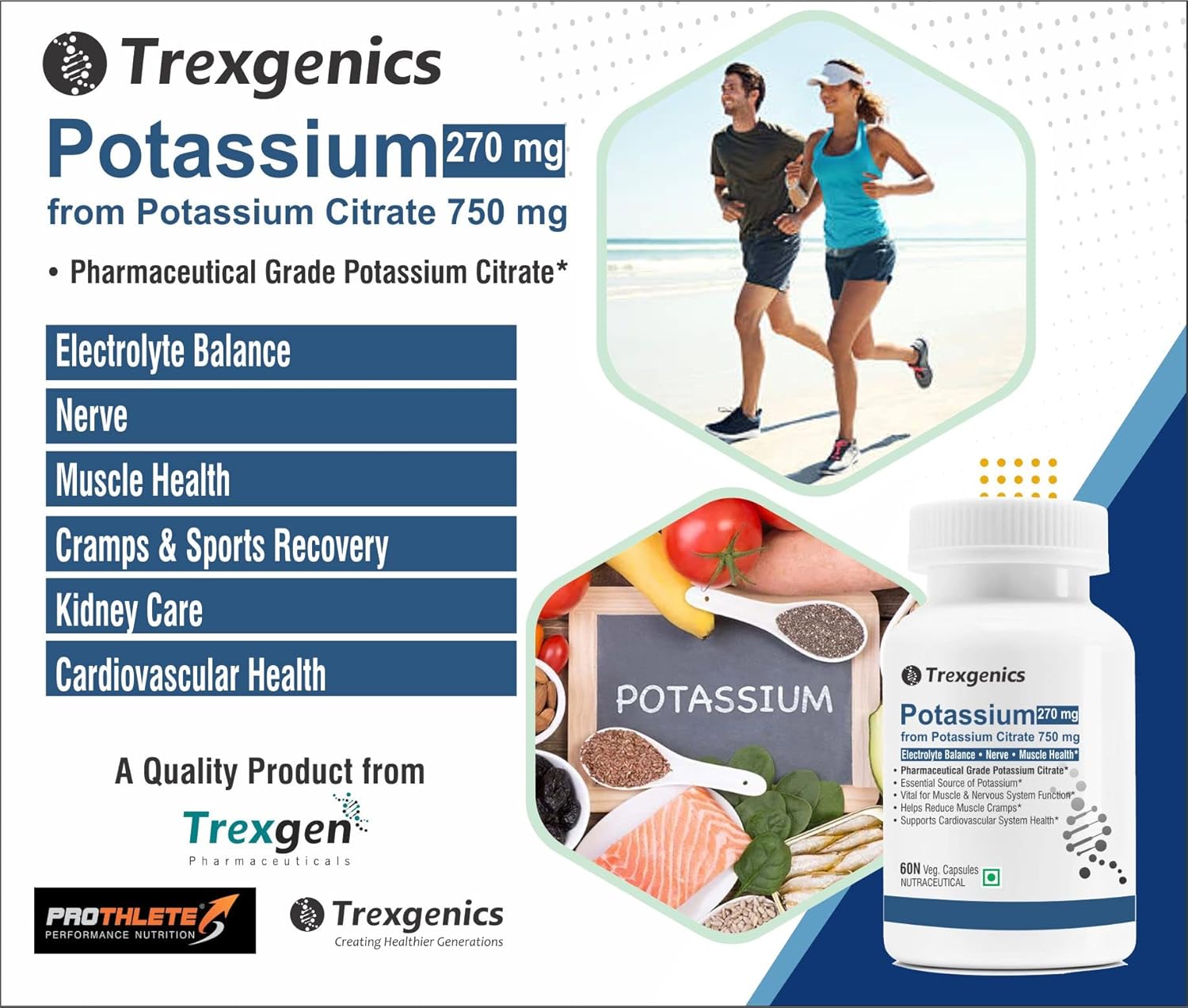 Trexgenics Potassium supplement packaging with product details and images of people running and healthy foods.