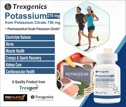 Trexgenics Potassium supplement packaging with product details and images of people running and healthy foods.