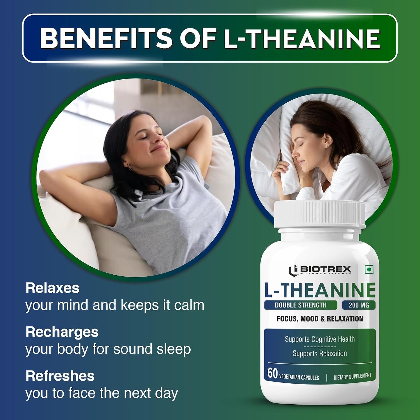 Biotrex Nutraceuticals L-Theanine 200mg Double Strength, Non-Drowsy Support | Helps Cognitive Health & Relaxation - 60 Veg Capsules