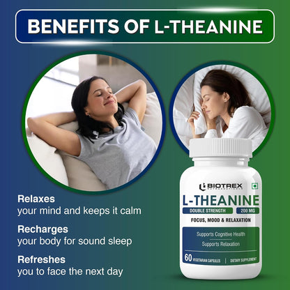 Biotrex Nutraceuticals L-Theanine 200mg Double Strength, Non-Drowsy Support | Helps Cognitive Health & Relaxation - 60 Veg Capsules