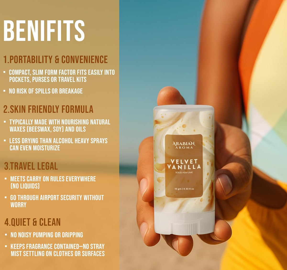 Hand holding a container of Arabian Scents Velvet Vanilla with benefits listed on a beige background.