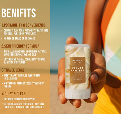 Hand holding a container of Arabian Scents Velvet Vanilla with benefits listed on a beige background.