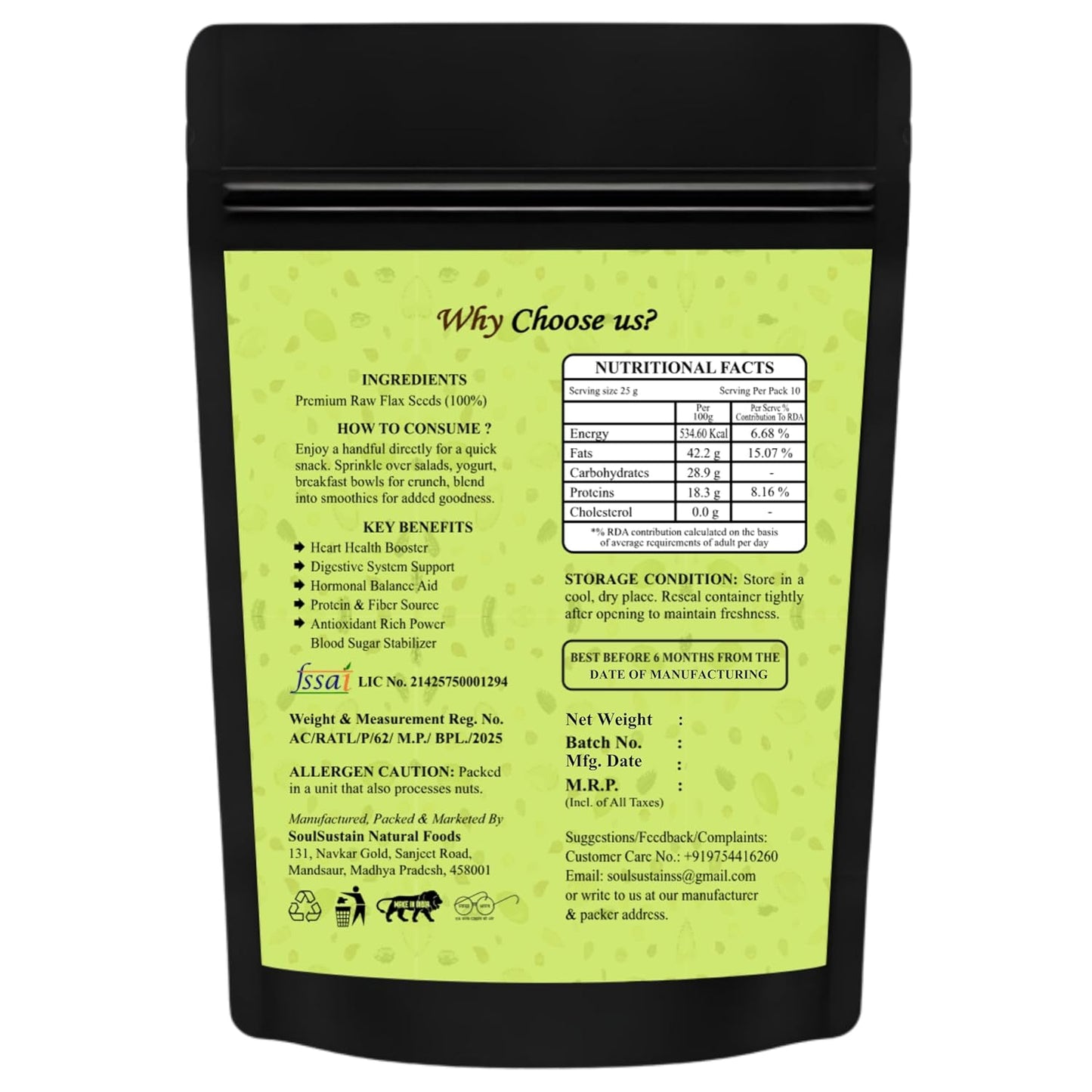 SoulSustain Flax Seeds Brown | Raw Linseed for Eating | Omega 3 Rich Seeds | High Fiber Flaxseed for Digestion, Heart Health, Weight Management | Vegan Gluten Free Superfood