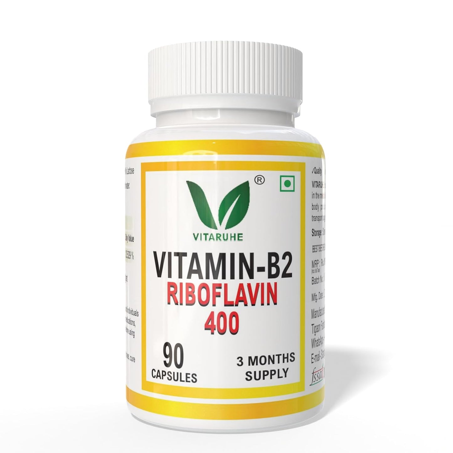 VITARUHE® Vitamin B2 Riboflavin – High Potency Vitamin B2 for Energy, Metabolism, Vision & Skin Health | Supports Red Blood Cell Formation & Nervous System Function | 90 Vegan Capsules | No Artificial Additives | Non-GMO