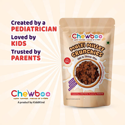 Chewboo Cocoa Multi-Millet Crunchies for Kids | Ragi, Jowar, Bajra & Foxtail Grain Cereal Snack | Jaggery Sweetened | Healthy Breakfast Option | 400 g
