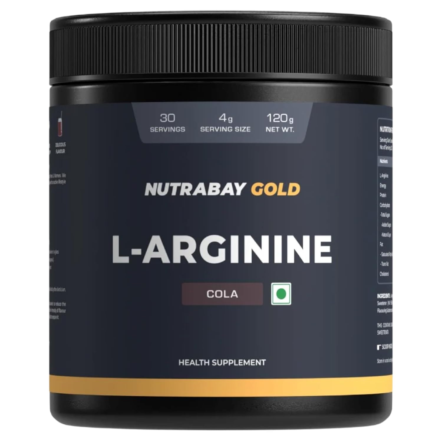 Nutrabay Gold L-Arginine supplement container with cola flavor on a white background