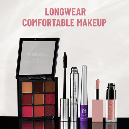 Makeup products including an eyeshadow palette, mascara, lip gloss, and eyeliner on a white background with 'Longwear Comfortable Makeup' text.