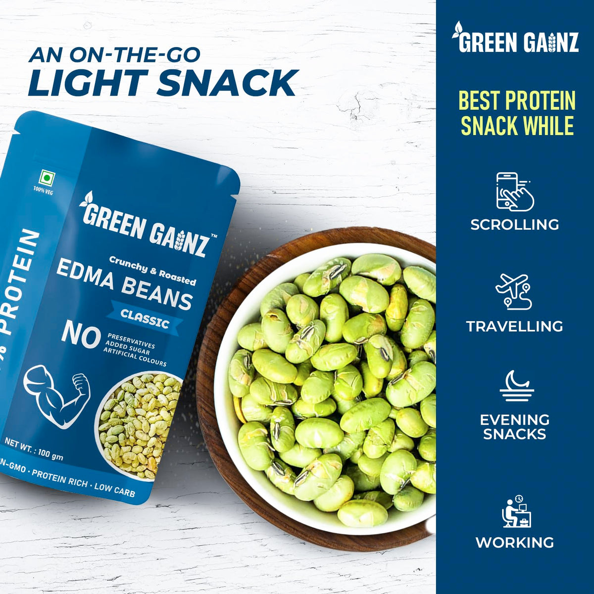 Green Gainz Roasted Edamame Classic Flavour – 100gm | 100% Veg High Protein Snack | No Added Sugar | Non-GMO | Rich in Fiber | No Gluten