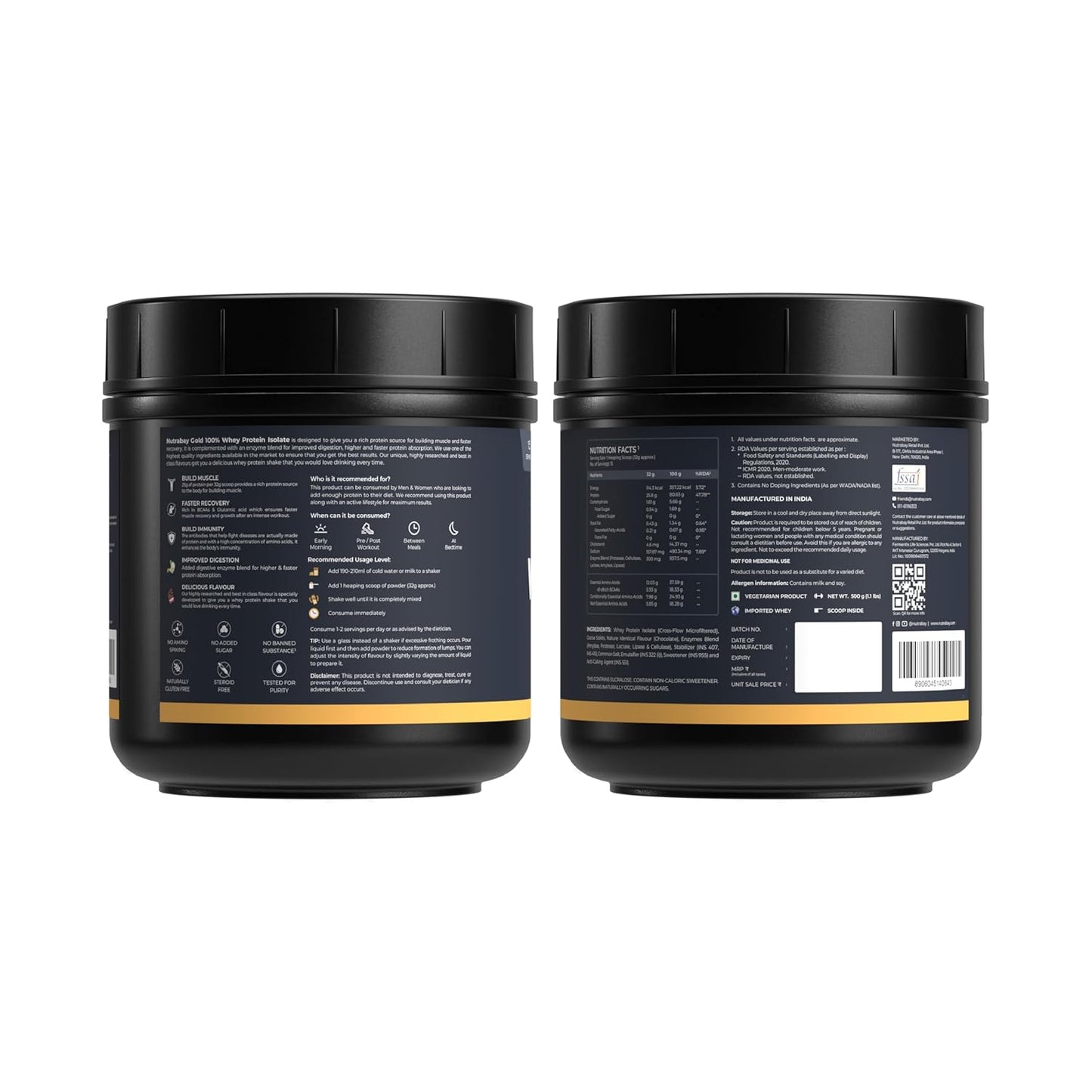 Two black containers with labels on a white background
