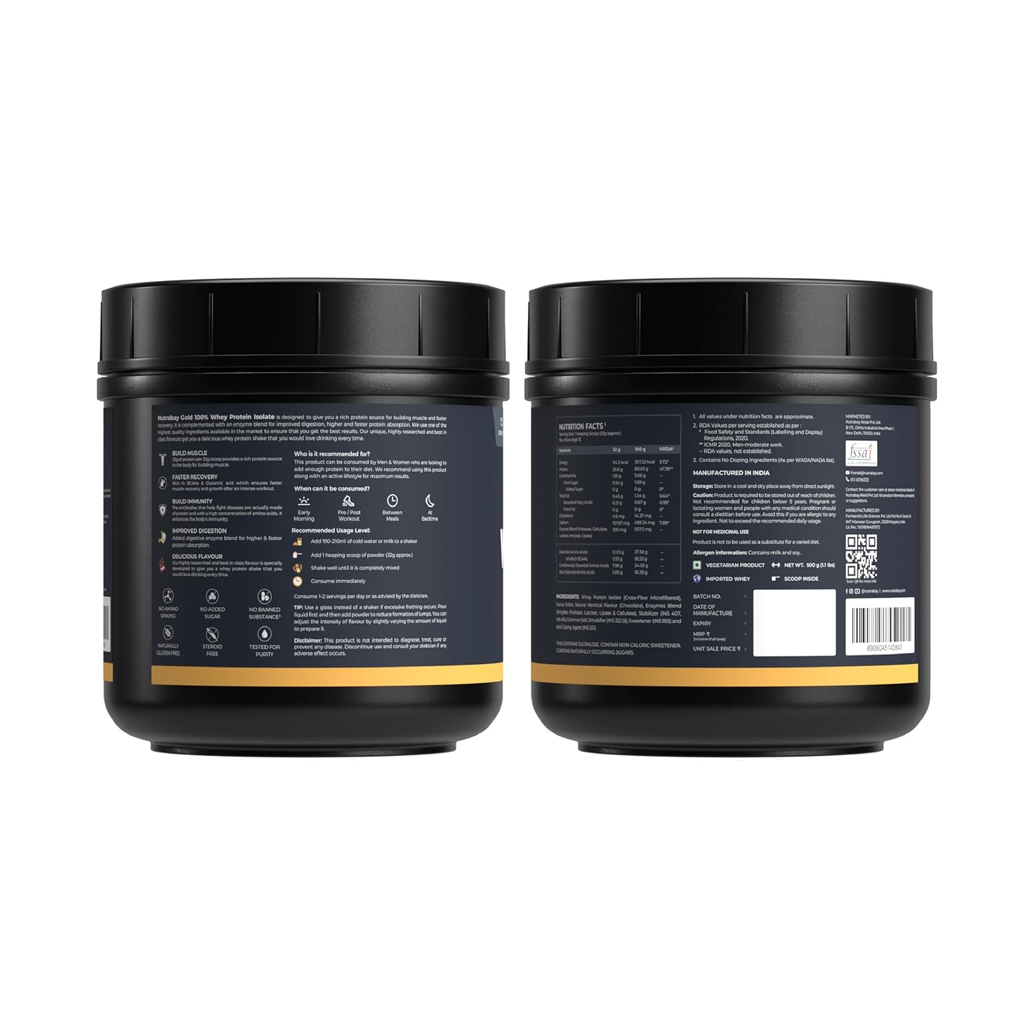 Two black containers with labels on a white background