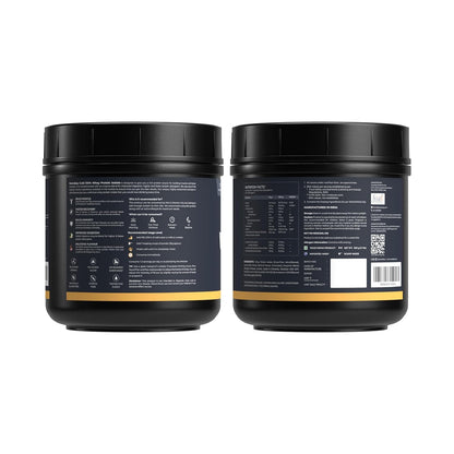 Two black containers with labels on a white background