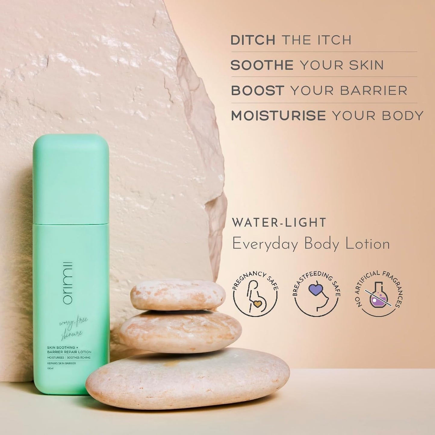 Green body lotion bottle with stones and text on a beige background