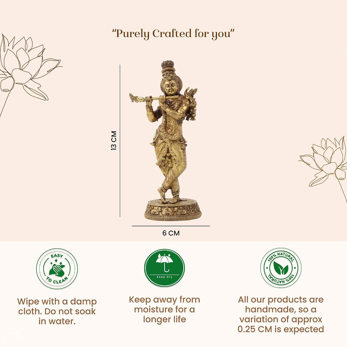 Handcrafted Brass Krishna Murti | Divine Flute-Playing Lord Krishna Idol for Home Temple & Spiritual Decor (Design03: L6 x W4 x H13 cm)