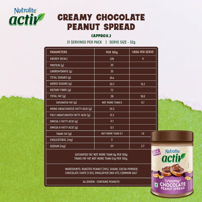 Nutralite Activ Peanut Spread – Chocolate Creamy with 20g protein per 100g, No preservatives, Gluten free, Zero trans-fat, High Dietary Fibre, With dark choco chips, 1kg Jar