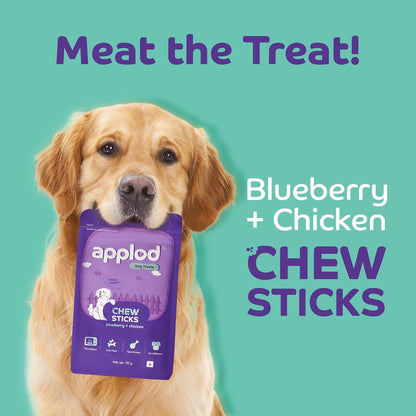 Applod Blueberry & Chicken Chew Sticks for Puppies & Adult Dogs | Soft & Chewy Training Treats for All Breeds | Healthy Easy-to-Chew Dog Snacks | 70g