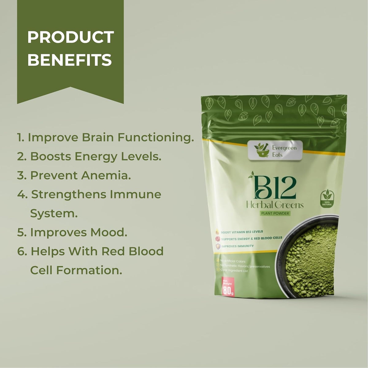 Evergreen Eats Vitamin B12 Herbal Greens Powder | Plant-Based B12 Supplement with Moringa, Wheatgrass, Amla & Beetroot | Green Superfood for Daily Nutrition | Men & Women | 80g