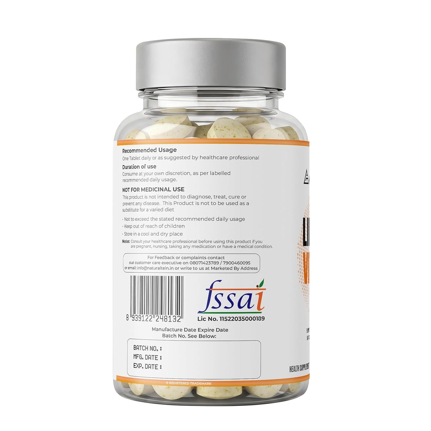 Bottle of supplements with a label on a white background