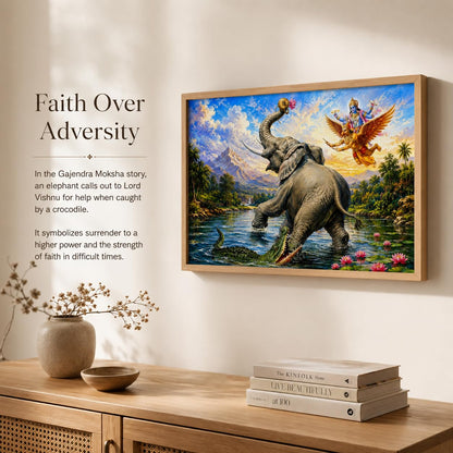 Gajendra Moksha Lord Vishnu Vastu Wall Painting for Living Room Bedroom Hall Office Decor, Hindu Devotional Artwork, Premium Wooden Synthetic Frame (13.5 x 19.5 Inch) NM01-V-181