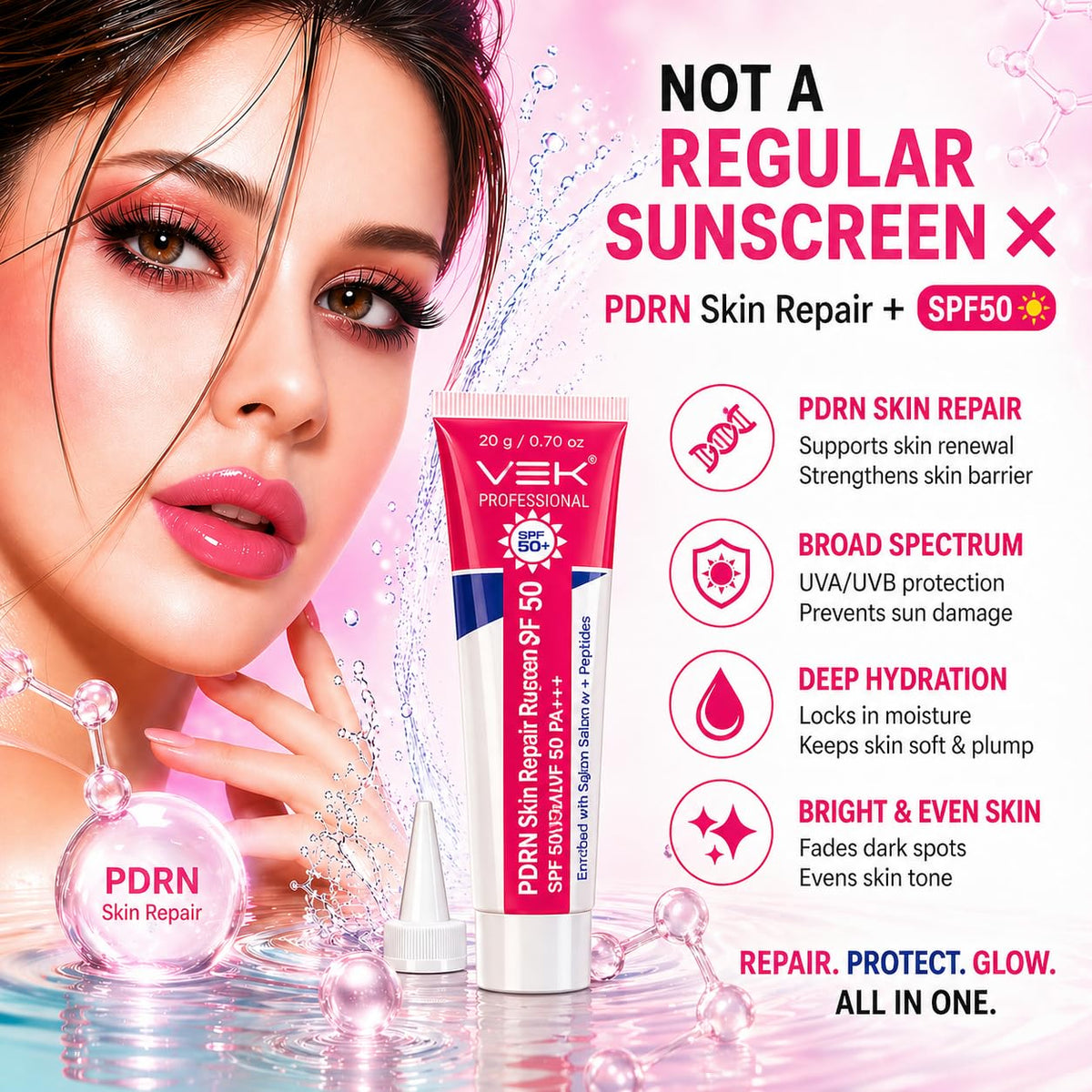 Advertisement for PDRN Skin Repair sunscreen with a woman's face and product packaging.